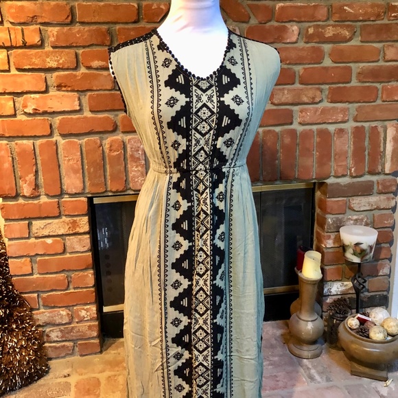 Vintage BoHo HIPPIE CHIC S Moss Green Black Maxi Empire Waist Long Dress - Picture 5 of 12